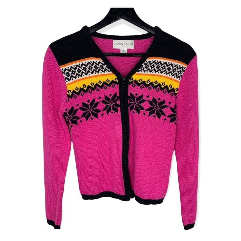 Vintage Y2K Casual Corner Pink Black Nordic Pattern Zip Up Cardigan Small
